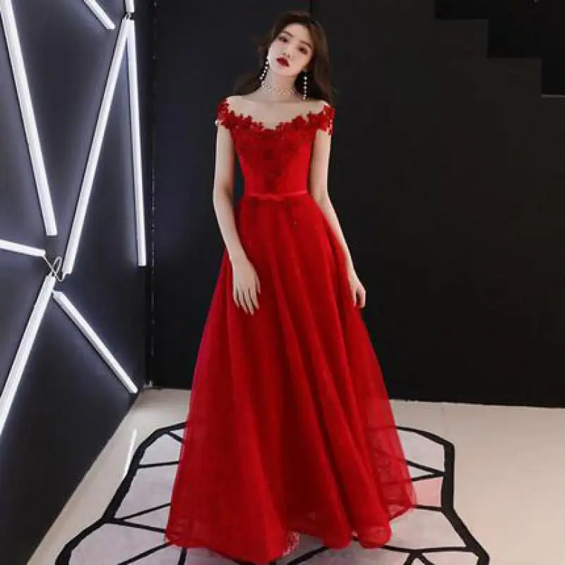 Red Flower Appliques Bride Wedding Party Dress Gown Off Shoulder Sexy Qipao Mesh Bandage Beads Cheongsam Female Belt Vestidos