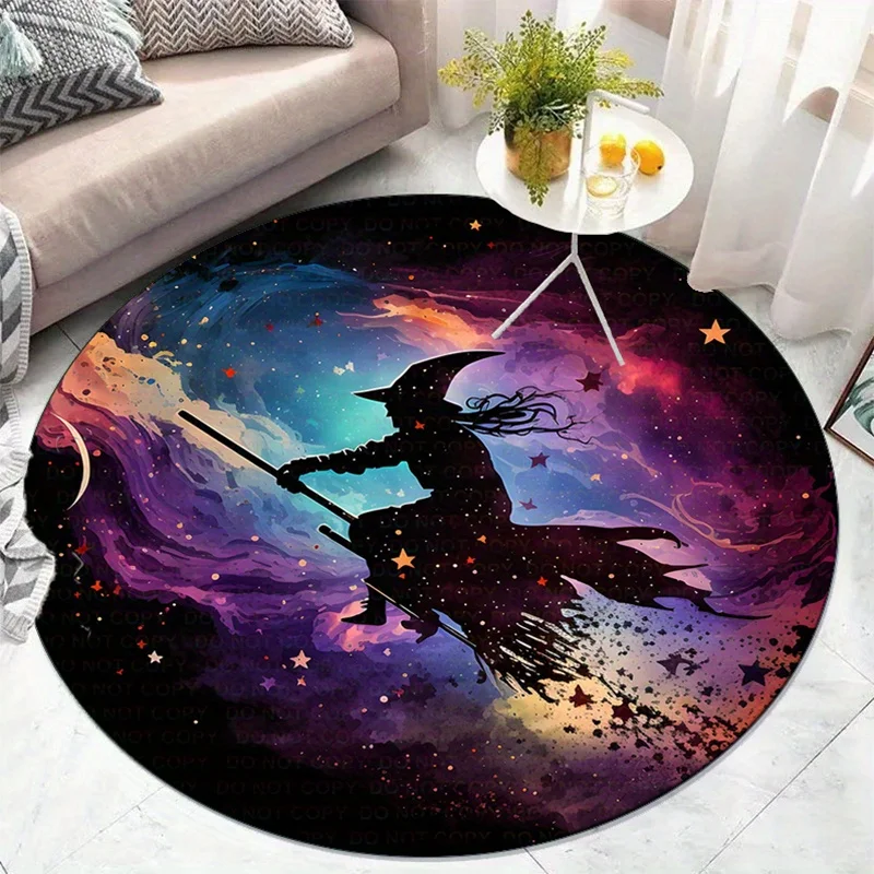 Witch Flying Broom Galaxy Round Rug Crystal Velvet Floor Mat Halloween Decor Cosmic Art Bedroom Living Room Carpet Fantasy