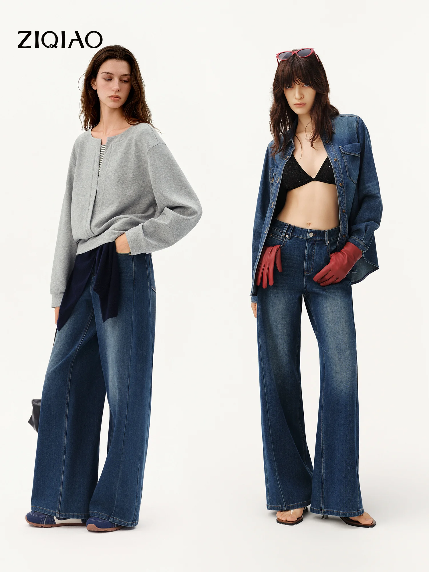 ZIQIAO Retro Blue High-elastic Straight Leg Denim Jeans with Side Seams New Autumn 2026 Style Floor-length Pants Washed