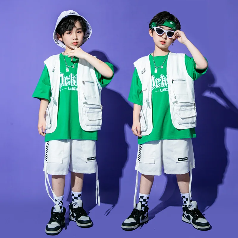 New Kids Jazz Dance Costume Hip Hop Clothing Green T Shirt White Vest Shorts Teenagers Boys Modern Dance Performance Stage Wear