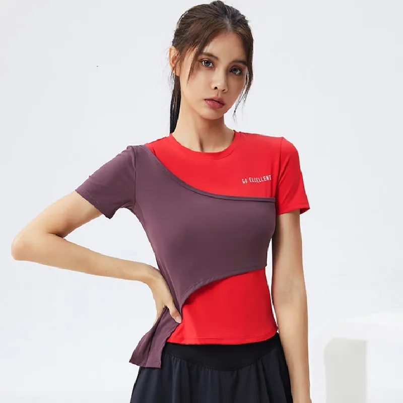 Women Running T Shirts Gym Fitness Training Tees Quick Dry Sport ·Shirt Contrast Color 2 in 1 Short Sleeves Yoga Jogging Tops