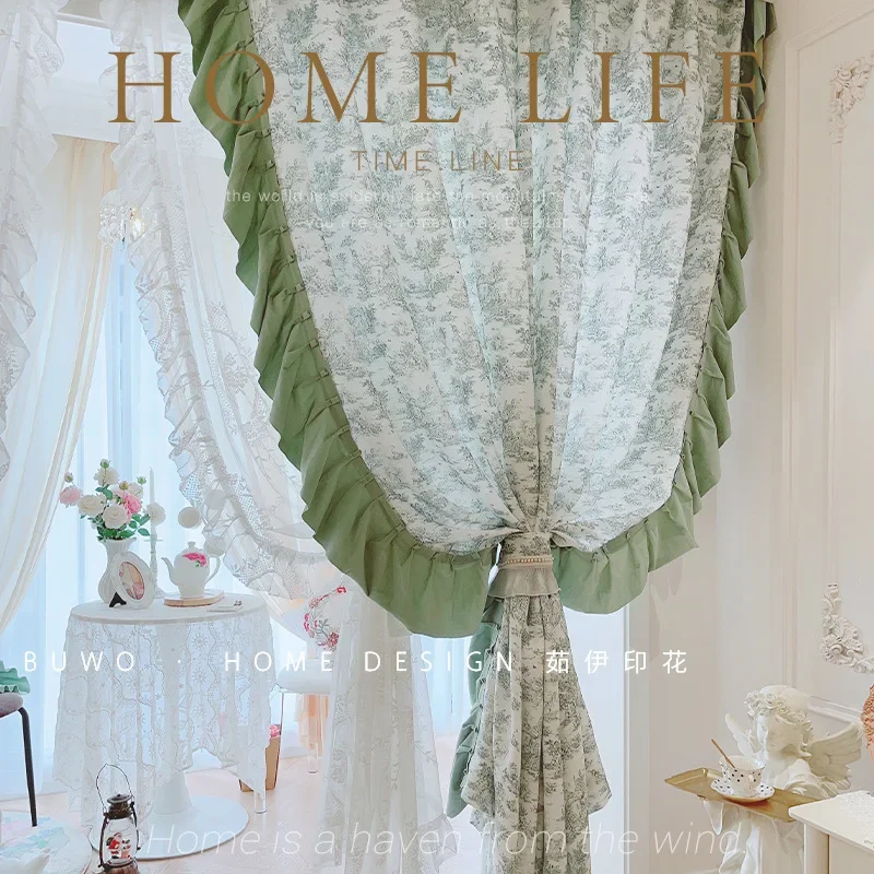 French Rococo Vintage Green Cloth Curtains White Sheer Curtain for Window Living Room Voile Curtain with Ruffled Warp