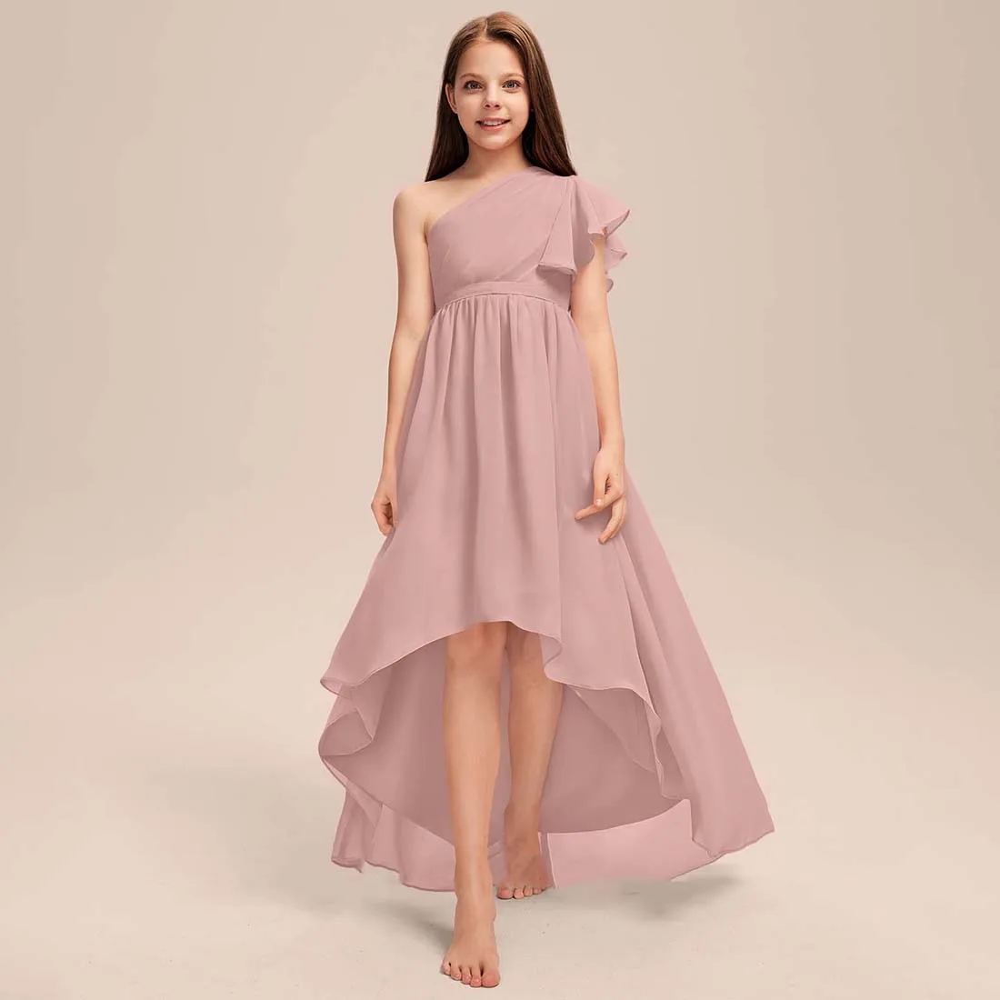 YZYmanualroom Chiffon Junior Bridesmaid Dress A-line One Shoulder Asymmetrical 2-15T