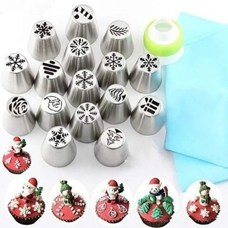 18PCS Christmas Cake Decorating Tip Sets Stainless Steel Seamless Russian Cream Piping Tip Tool DIY Set