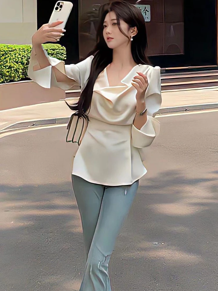 Blouses Women Elegant Pile Collar Long-sleeve Office Lady Gentle New French Style Pure Chic Defined Smooth Aesthetic Design Tops