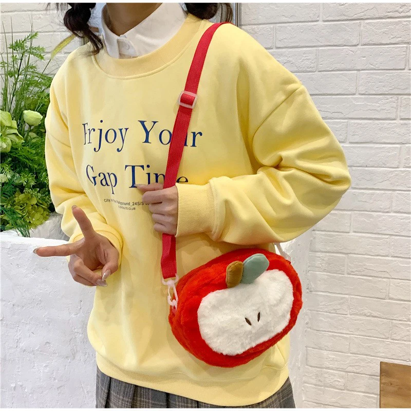 Rucksack und Umhängetasche, süße, niedliche, apfelförmige, leichte Kawaii-Handtasche aus Plüsch für Damen, Schultasche für Mädchen, Tagesrucksack – Detail 14