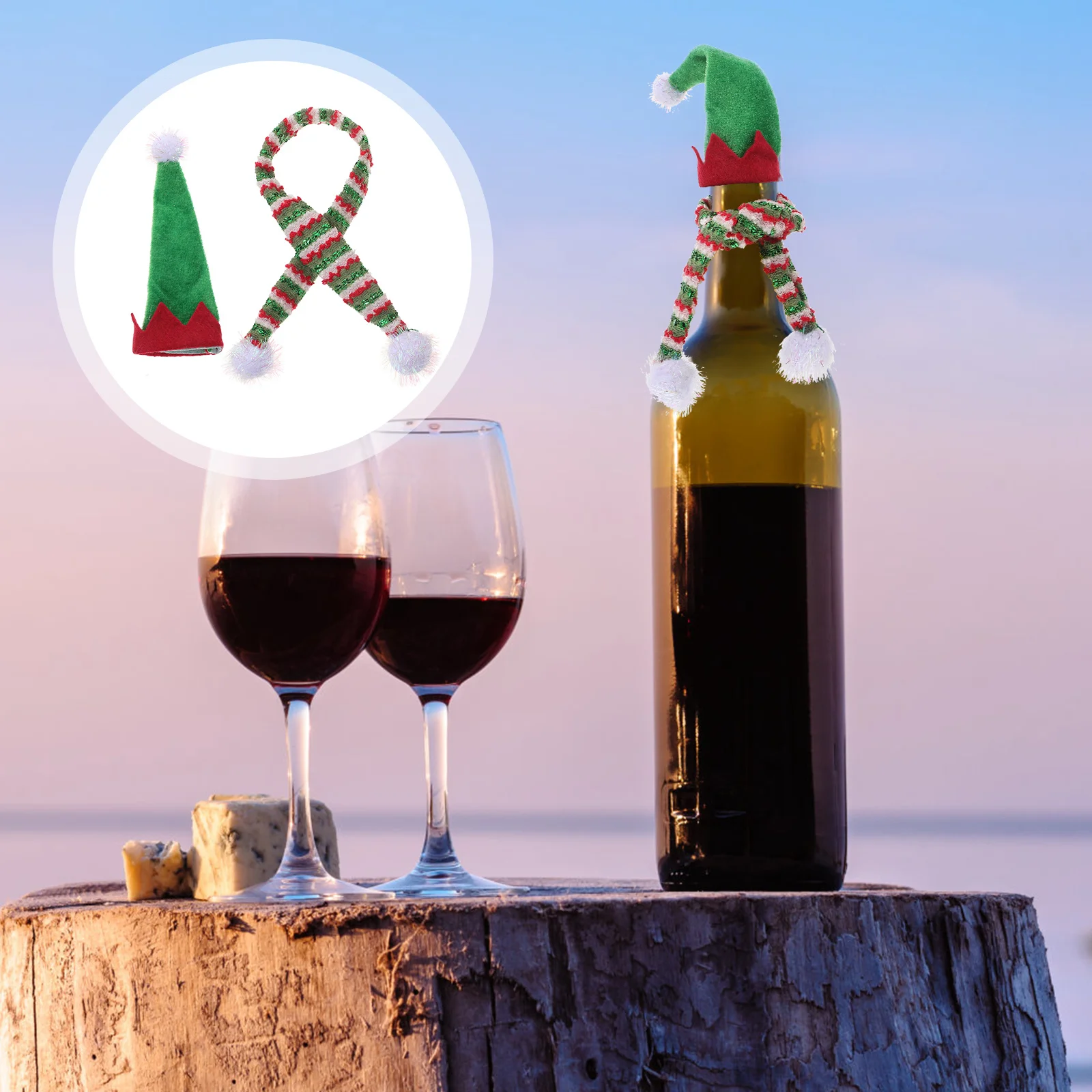 

1Set Christmas Wine Bottle Decoration Mini Santa Hat Scarf Classic Holiday Colors Festive Party Wine Bottle Decor