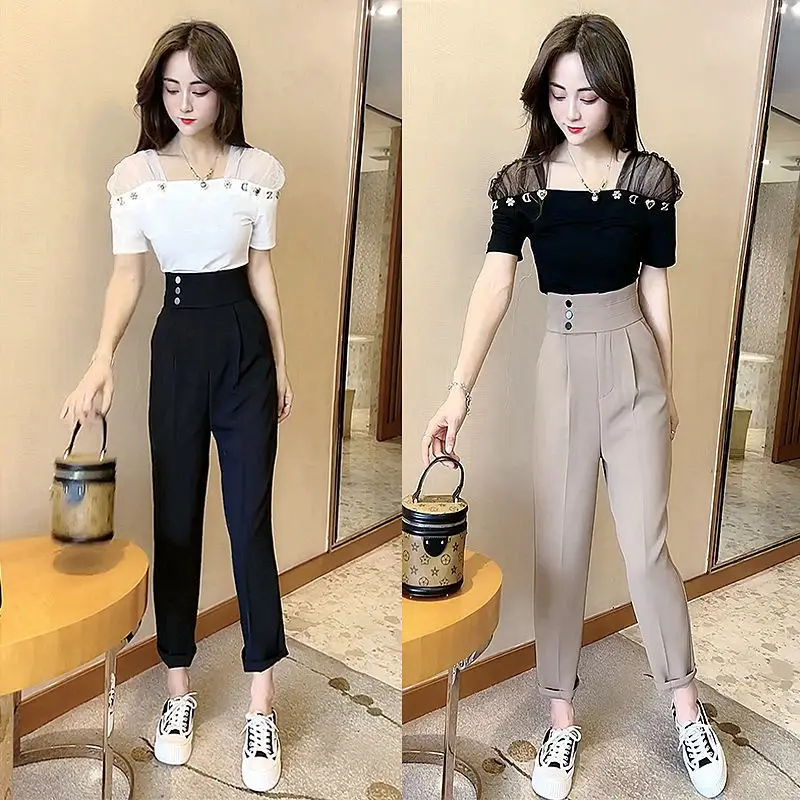 Hollow Out Lace Stitched Chiffon Shirt Top Slim Fit High Waist Trousers Two Piece Set 2022 Summer New Elegant Women\'s Pants Set