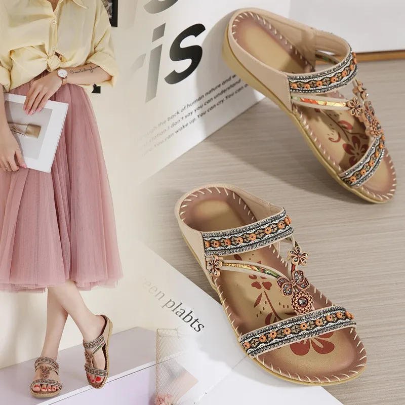 女性の靴サンダル夏のファッションスリップオンレディースシューズアウトドア女性のサンダルプラットフォームレトロ Sandalias Mujer 女性のスリッパ