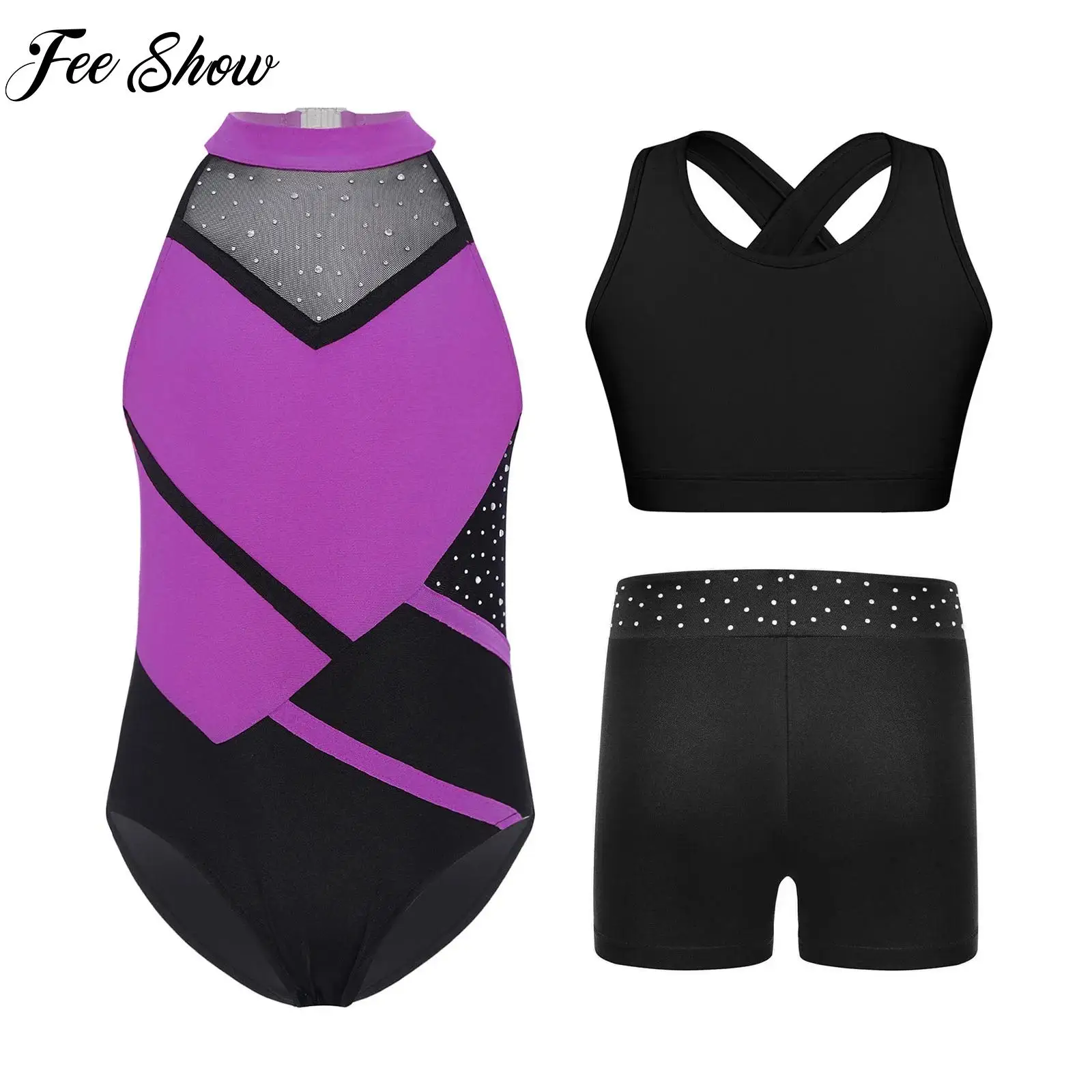 

Sleeveless Ballet Dance Outfit Teen Girl Soft Gymnastics Leotard+Cropped Vest+Shorts 3pcs Dacewear Sportswear Set for Kids Girls