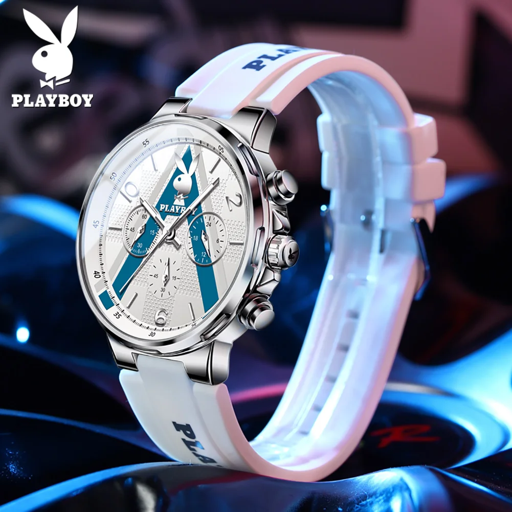 PLAYBOY 42MM Sports Men Watches Waterproof Luminous Timing Quartz Watch Silicone Strap Luxury Multifunctional Mens Clock 3046