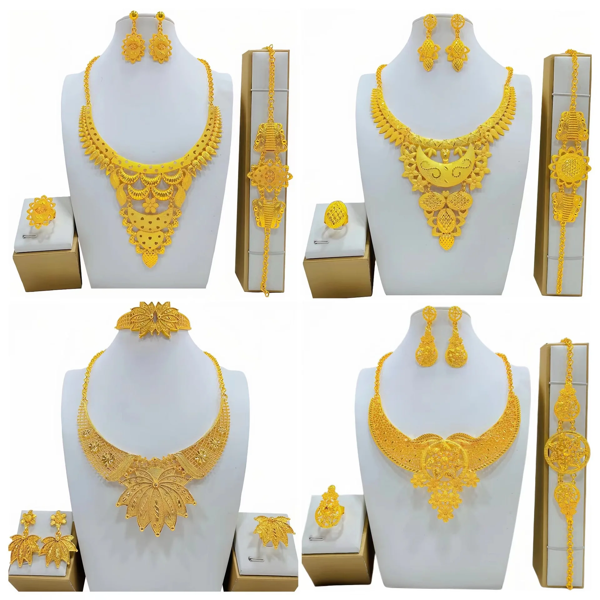 24K real gold  9999 yellow gold Indian Fashion Hot Selling Jewelry Mirror Jewelry suit Bride Necklace Ring Earrings