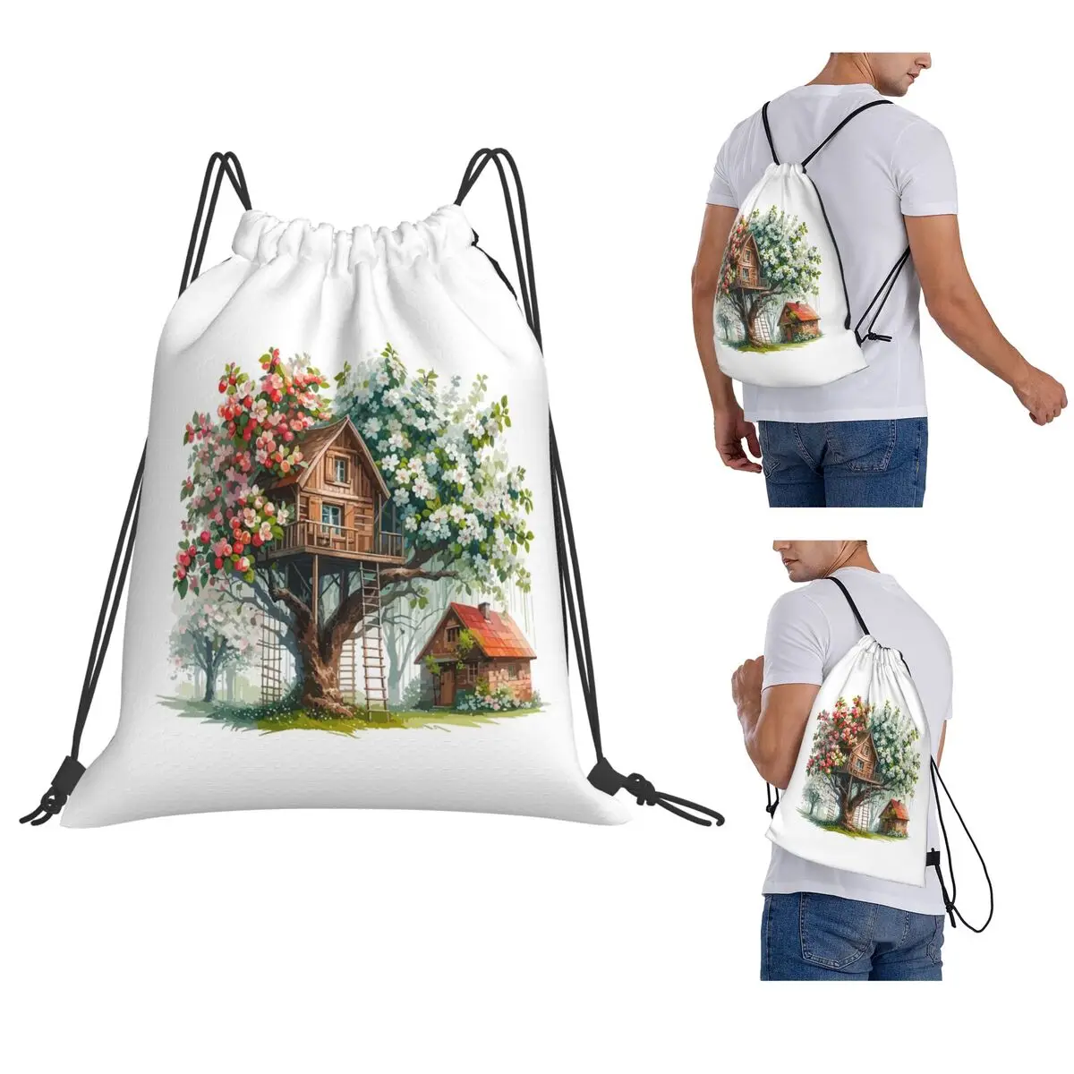 Treehouse Surrounded By Blooming Apple Trees Backpacks Casual Drawstring Bags Sports Bag Book Bags for Man Woman Students