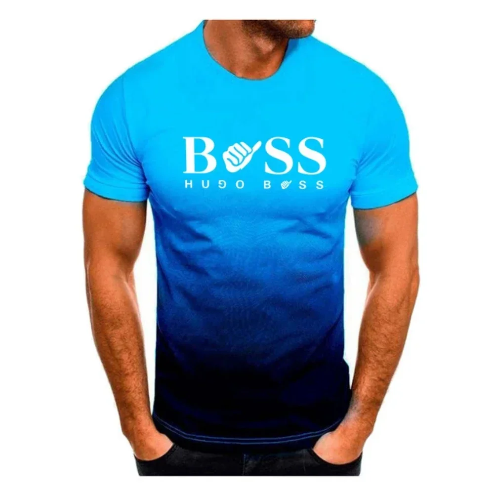 European And American Summer Men\'s Retro Casual Sports T-Shirt, Fashionable Gradient Round Neck Short Sleeved Men\'s Sports Shirt