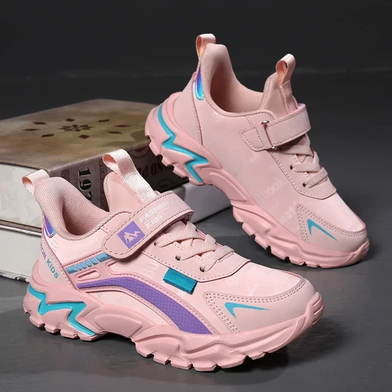 Kids Sneakers Girls Leather Waterproof Running Shoes Breathable Hook Loop Outdoor Casual Sport Shoes Size 28-39