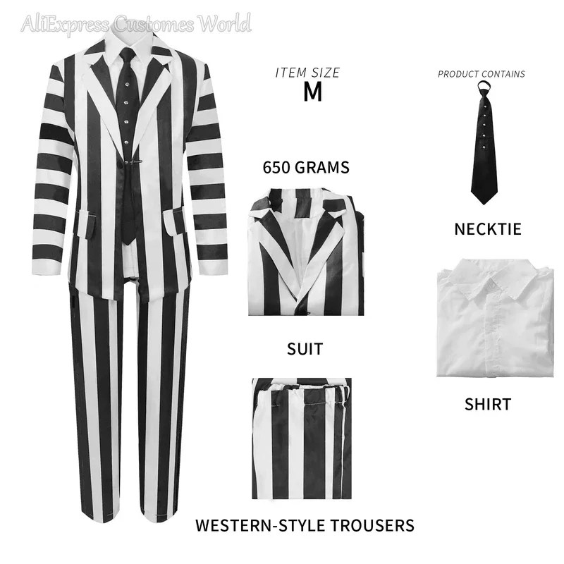 Juice Beetle Suit Movie Michael Keaton Cosplay Costumes Black and White Striped Suit Clown Mask Halloween Costumes for Women Men