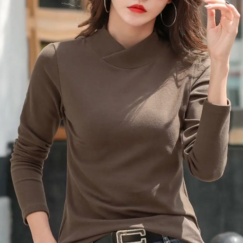 

Women's Autumn Winter Round Neck Long Sleeved Bottomed Shirt Casual Fashion Versatile Slim Solid Pullover Elegant Commuter Tops