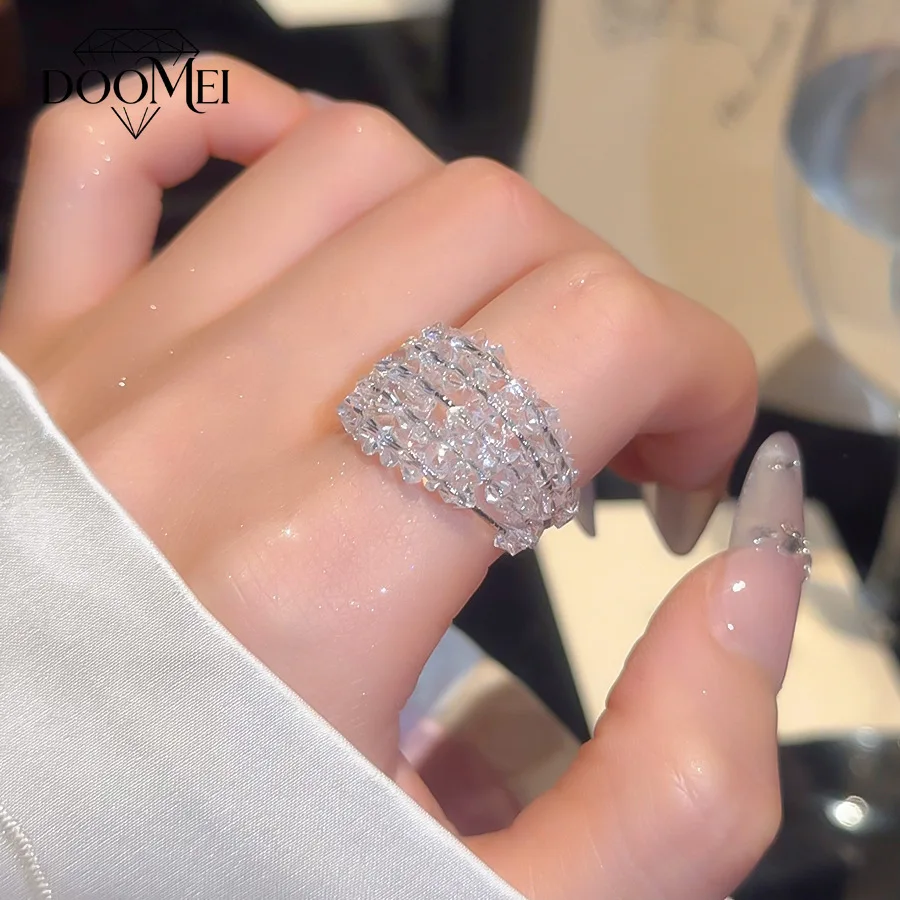 DOO MEI Shiny Silver Color Beaded Crystal Ring for Women Multi Strand Wide Open Finger Ring Prom Evening Fashion Jewelry