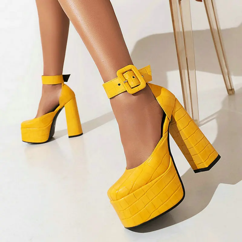 Yellow Black Brown Women High Heel Shoes Platform Thick High Heel Ladies Pumps PU Leather Square Toe Buckle Women\'s Shoes 2022