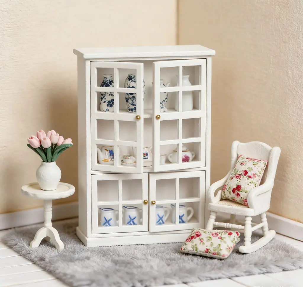 

1:12 Scale Dollhouse Mini Display Cabinet - White 4-Door Miniature Furniture, Dollhouse Accessory for Scene Decor & Storage