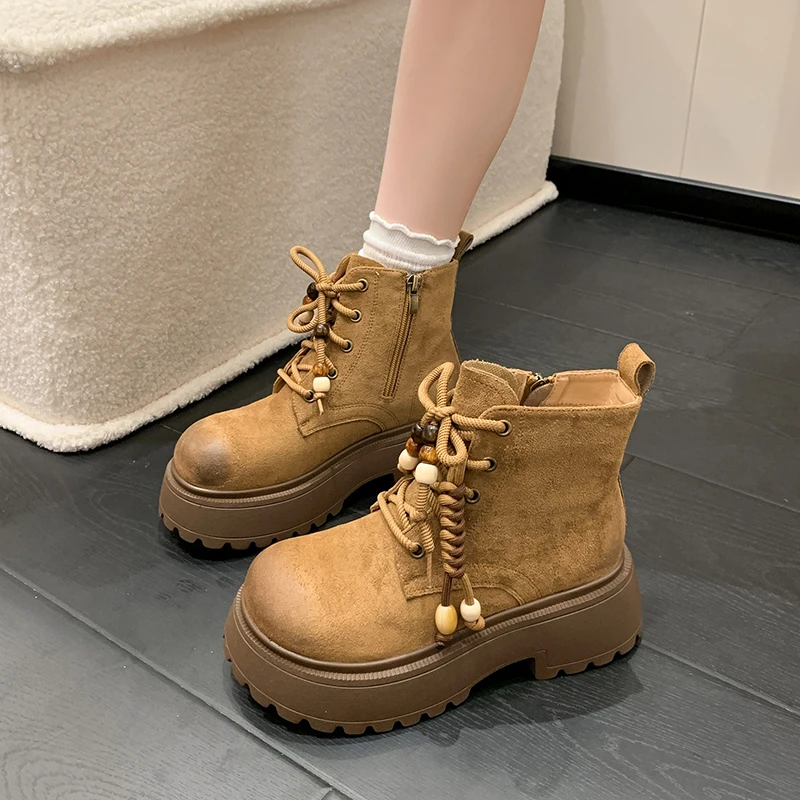 

Женские ботинки на платформе, модные короткие ботинки высотой 6 см, женские осенние замшевые ботинки в стиле ретро, женские коричневые дизайнерские ботинки