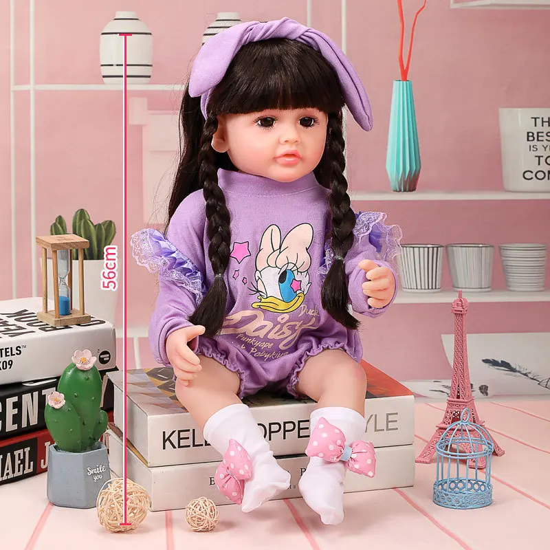 56cm Rebirth Doll Soft Vinyl Girl Doll Cute Fried Dough Twists Braid with neat bangs