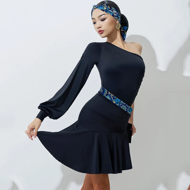 High-End Slanted Shoulder Long Sleeved Dress Atin Dance Competition Clothing For Women Adult Female Latin Dance Stage Dress