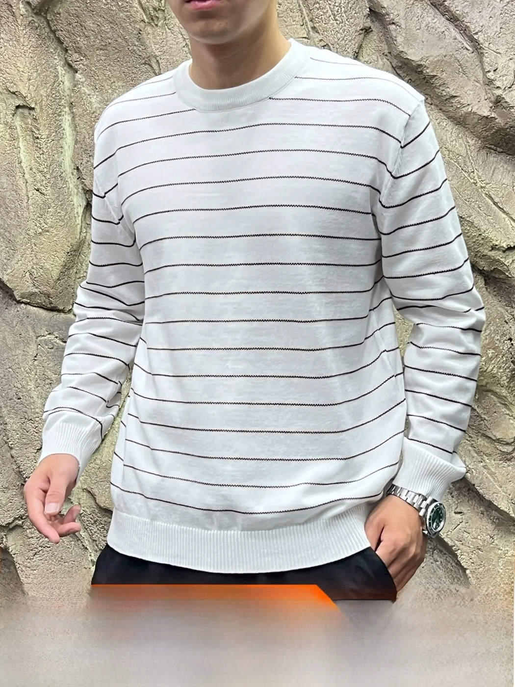 Retro Striped Knitted Sweater Men's Fashionable Breathable Skin-friendly New Arrival Autumn Winter Long Sleeve round Neck Cot...