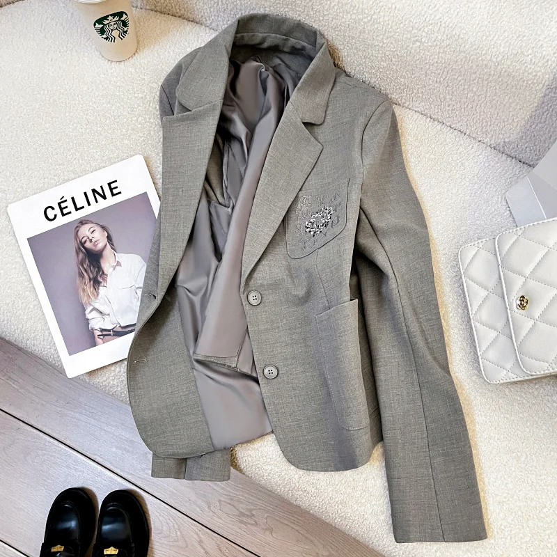 Grey Casual Long Sleeve Loose Short Blazer Women's Fashion Simple Basic Embroidered Pocket Office Lady French Elegant Jacket