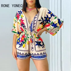 Women Sexy All Over Print Short Batwing Sleeves Casual V Neck  Lace Up Vacation Rompers