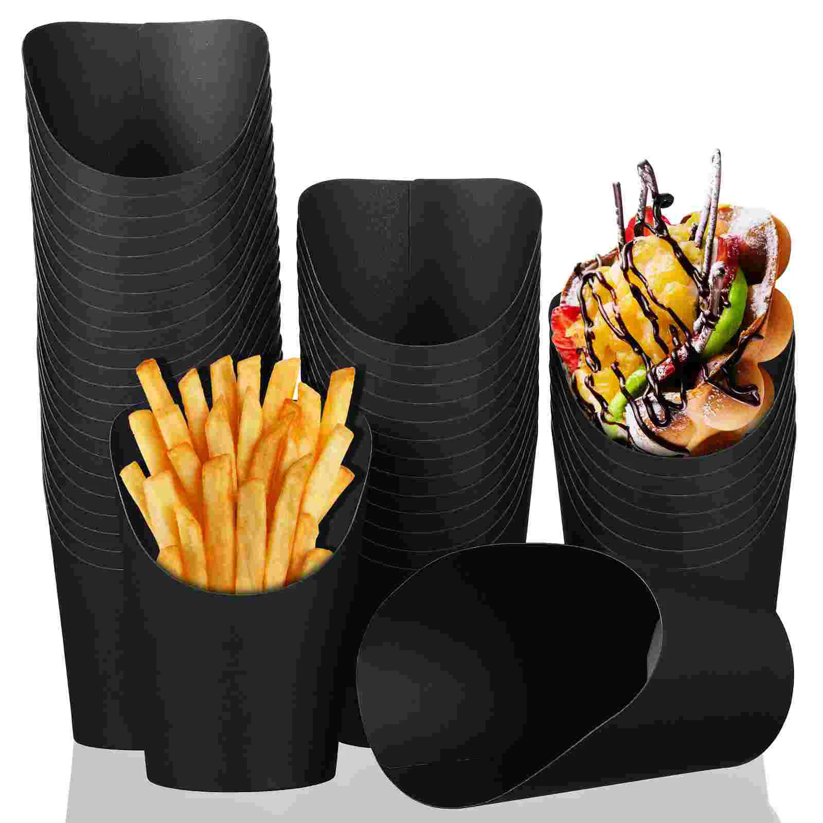 

100 Pcs Black Slanted Cup Trifle Sauce Waffle Snack Cups Paper Food Holder French Fries Fried Popcorn Holders Sandwich