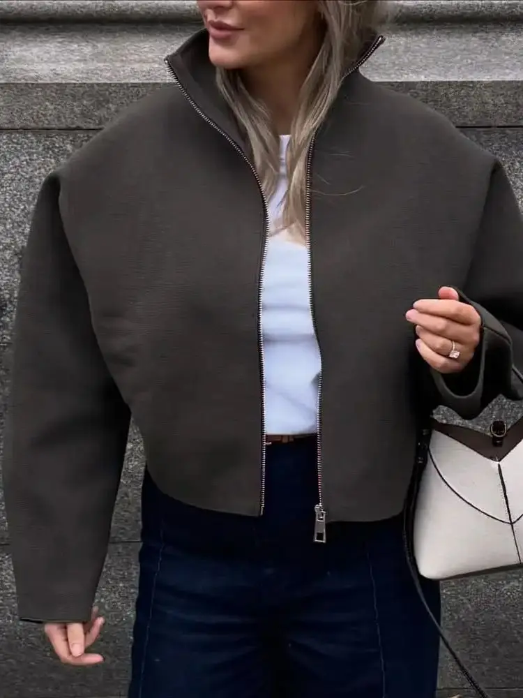 Moda damska 2025: Luźna kurtka z długim rękawem, jednolita, z klapami, pełny rękaw, zapinana na zamek, luźny krótki płaszcz, odzież wierzchnia do codziennych dojazdów do pracy.