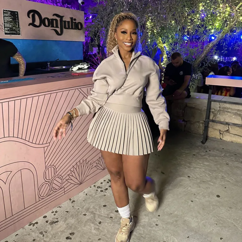 Fashionable Zippered Polo Collar Sweatshirt Elegant High-waisted Pleated Mini Skirt Casual Sportswear Set Solid Color Clothing