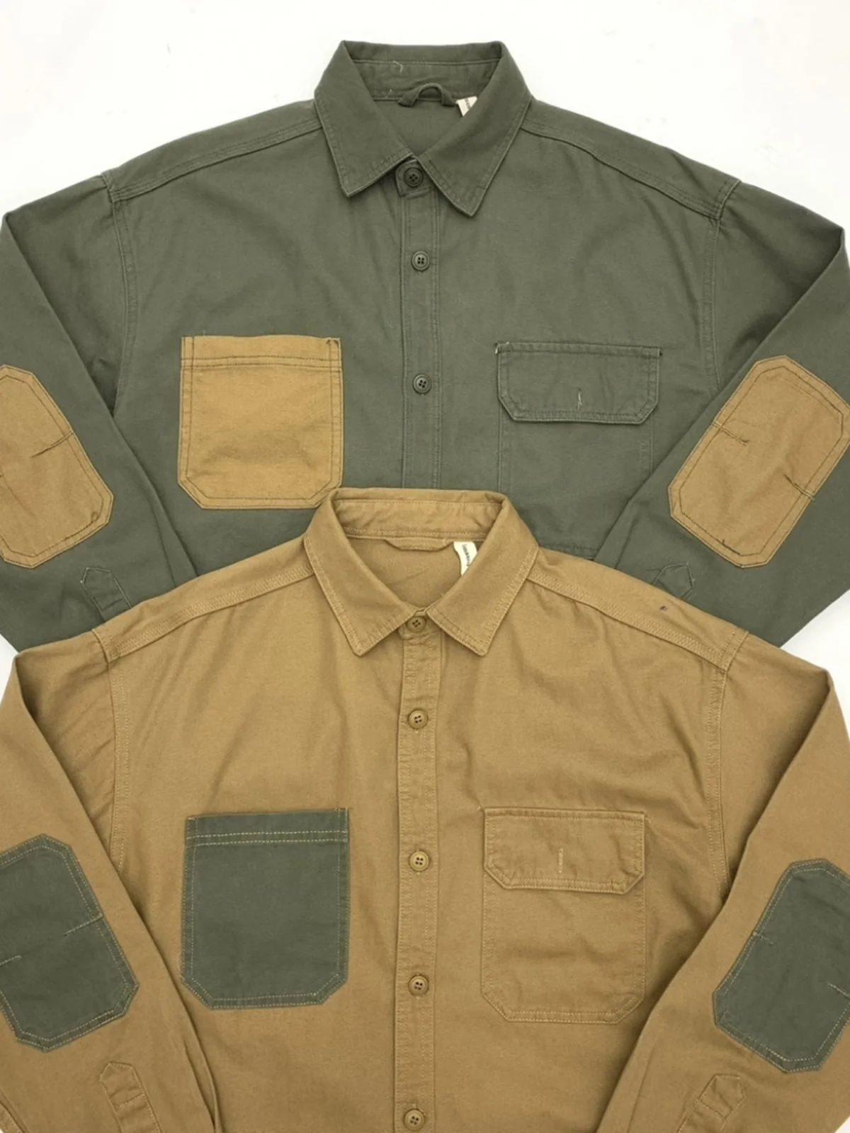 American Retro Workwear Long Sleeve Shirt Men Spring Autumn Color Block Casual Shirt Patchwork Versatile Military Green Top