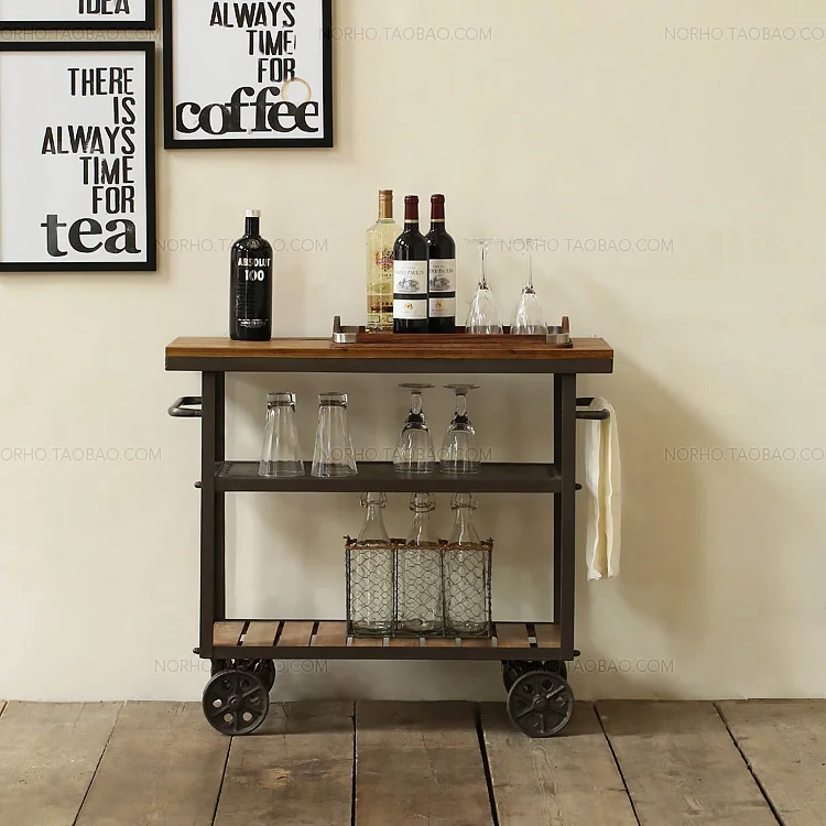 

Loft American retro wrought iron solid wood rack trolley hotel bar drink cart coffee lounge dining car