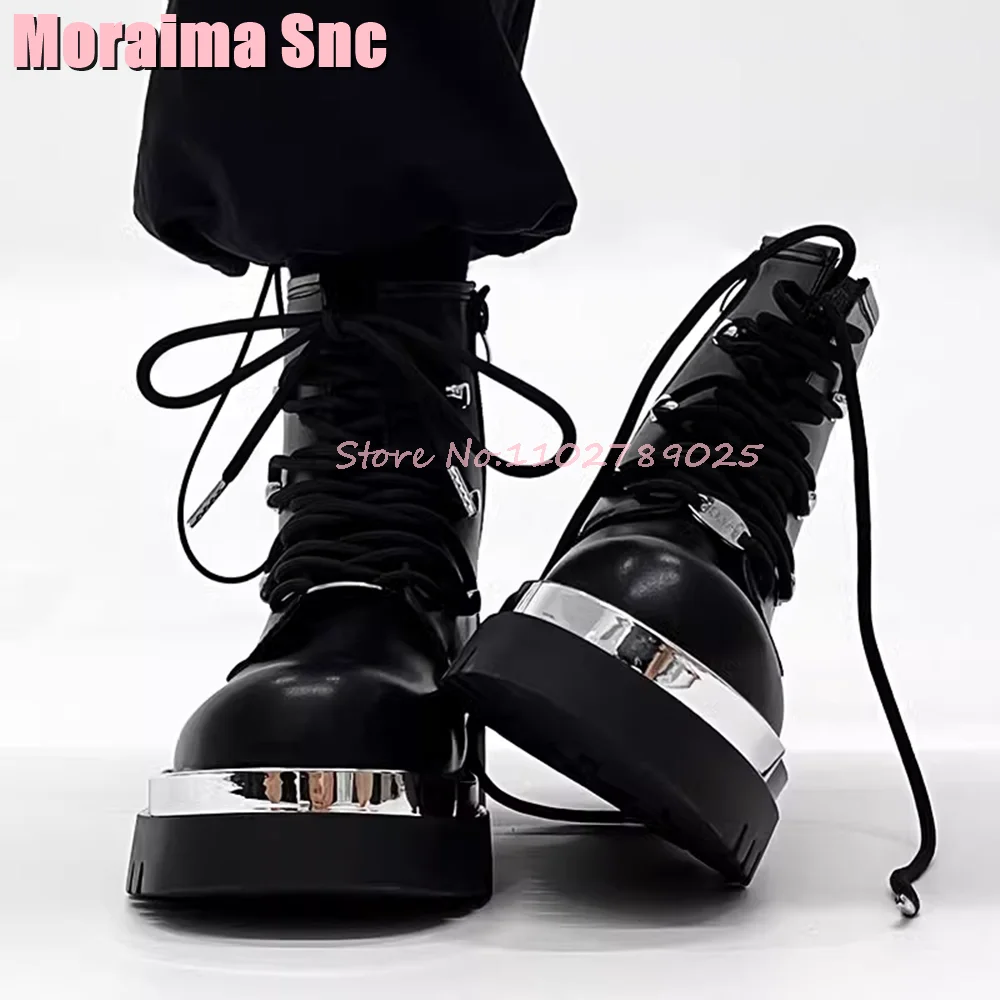 Metal Trim Round Toe Lace Up Ankle Boots Block Heel Thick Bottom Side Zipper Punk Style Men's Motorcycle Boots Black Solid 2023