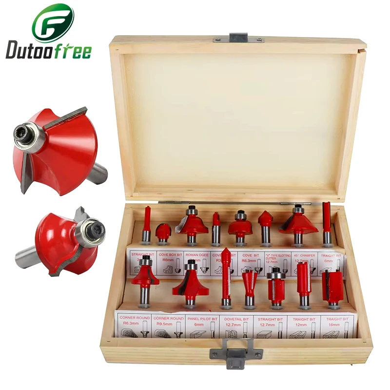 15PCS/Box Milling Cutter Set 6.35mm Shank Straight Milling Cutter Sawdust Tungsten Carbide Finishing Cutting Woodworking