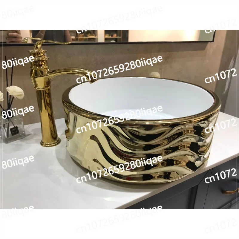 High quality electroplated copper gold color countertop oval ceramic washbasin bathroom sink luxury hand wash art basin