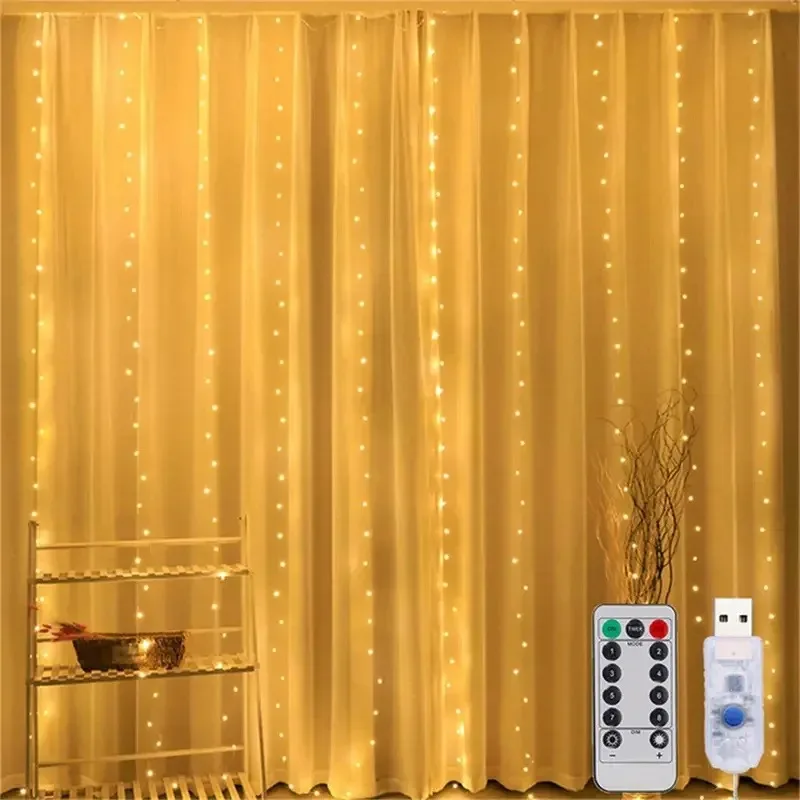 2025 Christmas Courtyard Decor USB Curtain Lights with 8 Modes for Room and New Year Party String Lights