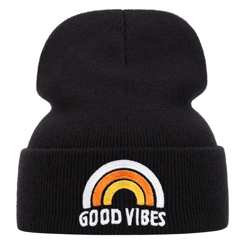 good vibes knitted hat Rainbow beanie cap outdoor winter hat embroidered ski hat