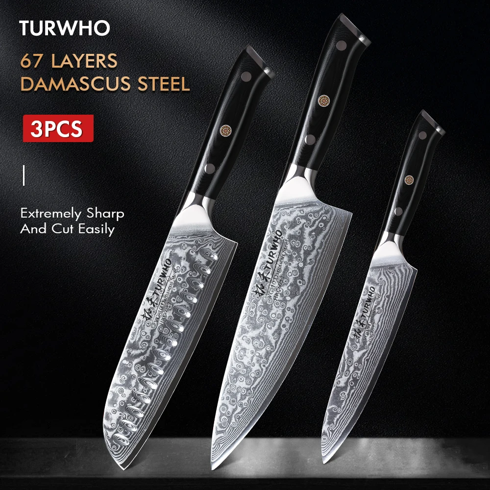 TURWHO 1-3PCS Set Of Knives Japan 67 Layer Damascus VG10 Steel Core Chef Knife Super Sharp Santoku Utility Knife Cooking Tools