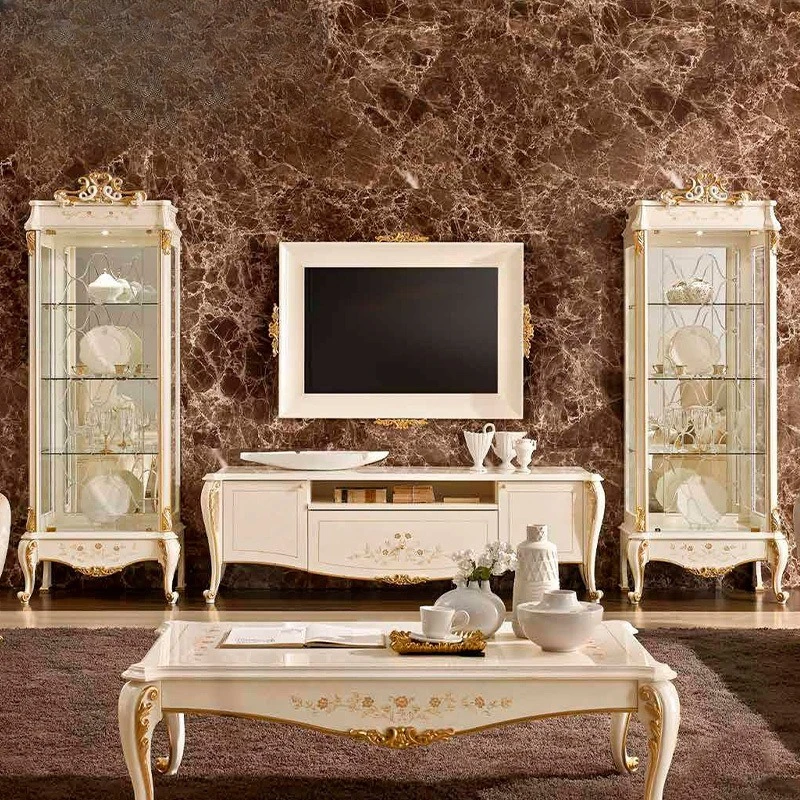 Carved wine cabinet French glass locker wood leather parquet decorative TV cabinet villa combination furniture