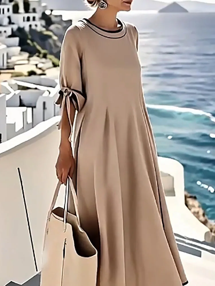 2025 Spring Summer Tie-up Short Sleeve Boho Dress Women Fashion Contrast Color O Neck Long Dress Casual Loose A-Line Beach Dress