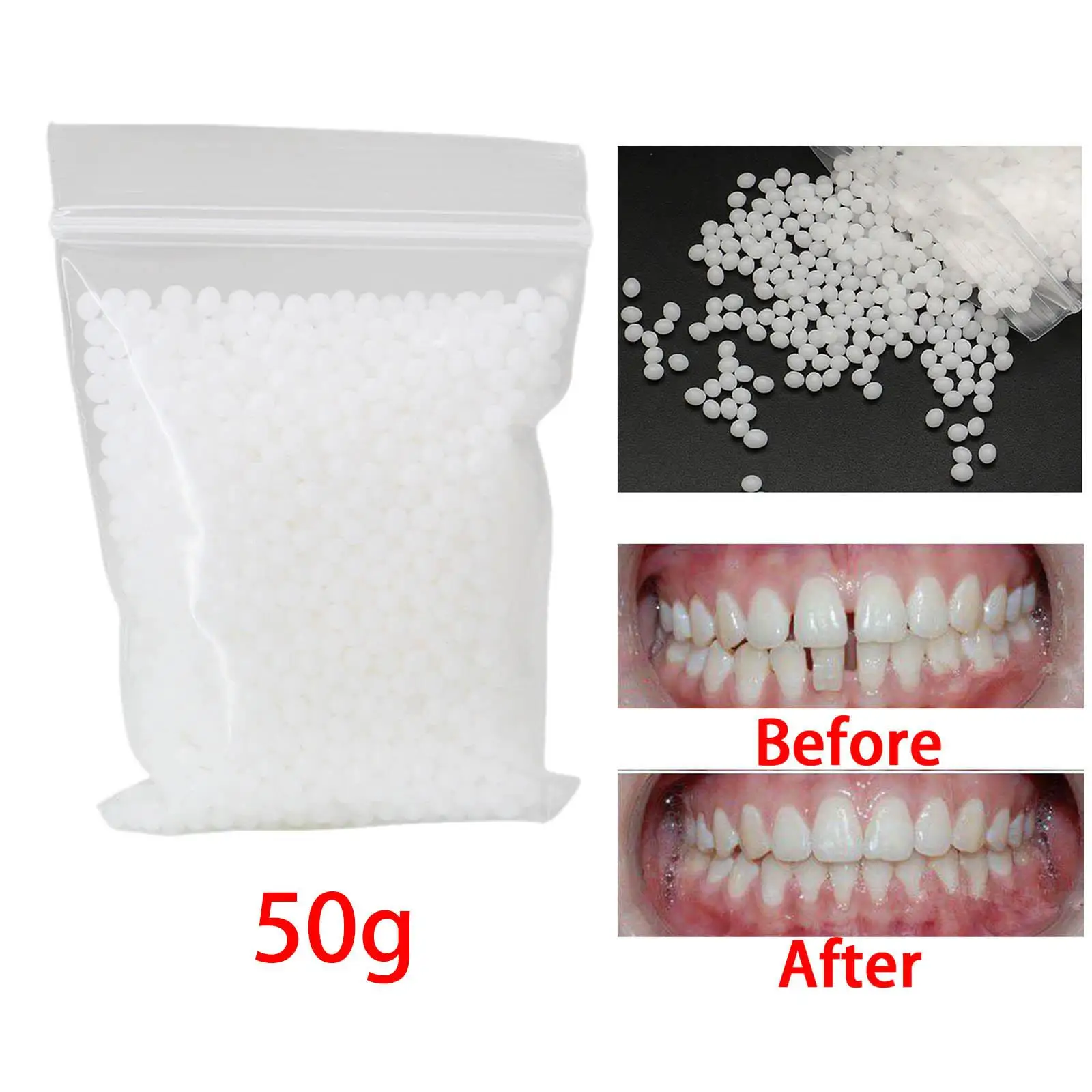 50G Kit di riparazione temporanea dei denti Correggi lacune dei denti rotti Colla Perline adesive Denti finti Impiallacciatura Perline termiche per riparazione dei denti