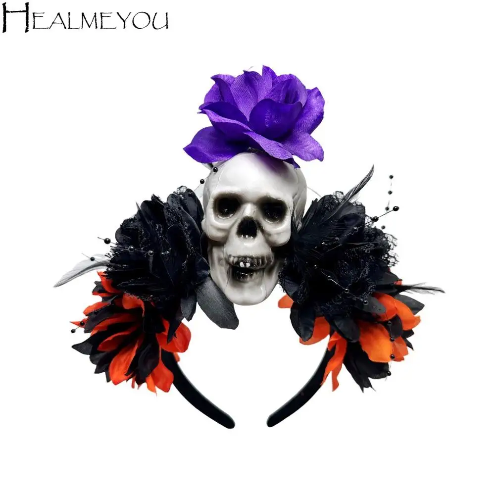 

Dark Skull Head Headband Simulation Flowers Bat Halloween Skull Headband Headdress Gothic Day of The Dead Headband