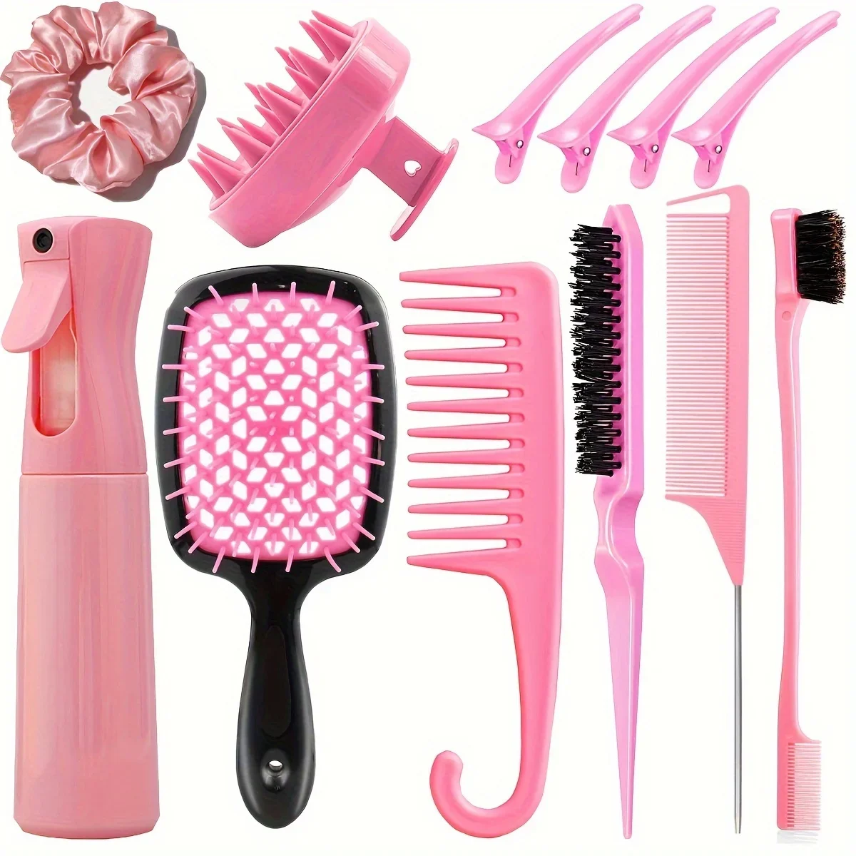 Hair Styling Comb Set For Women - Includes Wide Teeth, Air Cushion, Detangler, Teasing, Rat Tail & Edge Brushes, Silicone Scalp