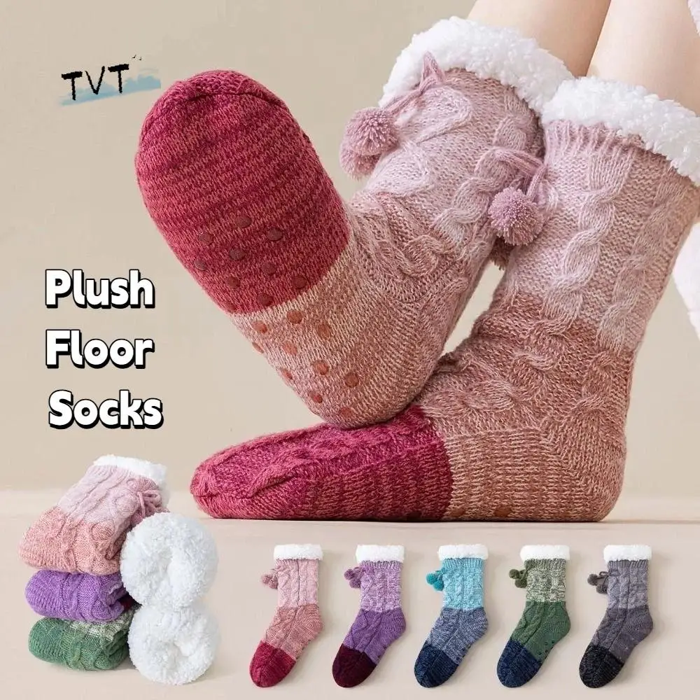

Simple Patchwork Thick Thermal Socks Anti Slip Warm Fleece Socks Women Knitted Hosiery Winter Strip Socks Indoor