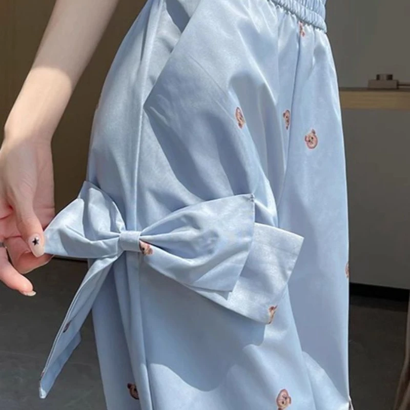 

Женские рабочие брюки с синим бантом, весна-лето, новые яркие цветные брюки, повседневные женские широкие брюки с высокой талией