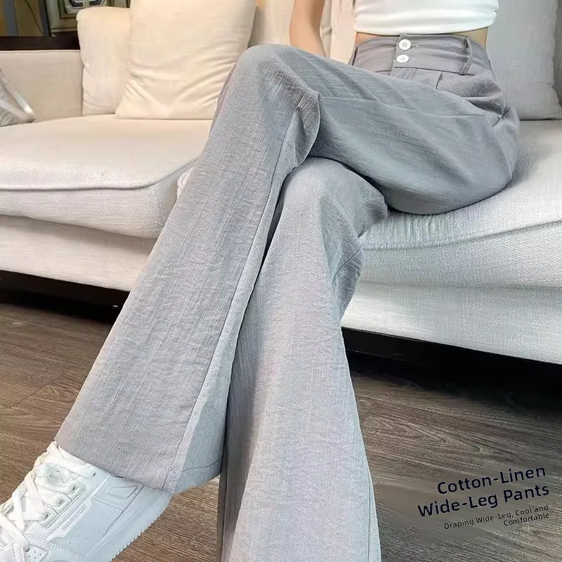 

Ice Silk Cotton Linen Bell Bottom Pants Women Summer Thin New Fashion Casual Straight Leg Micro Flare Women's Pants