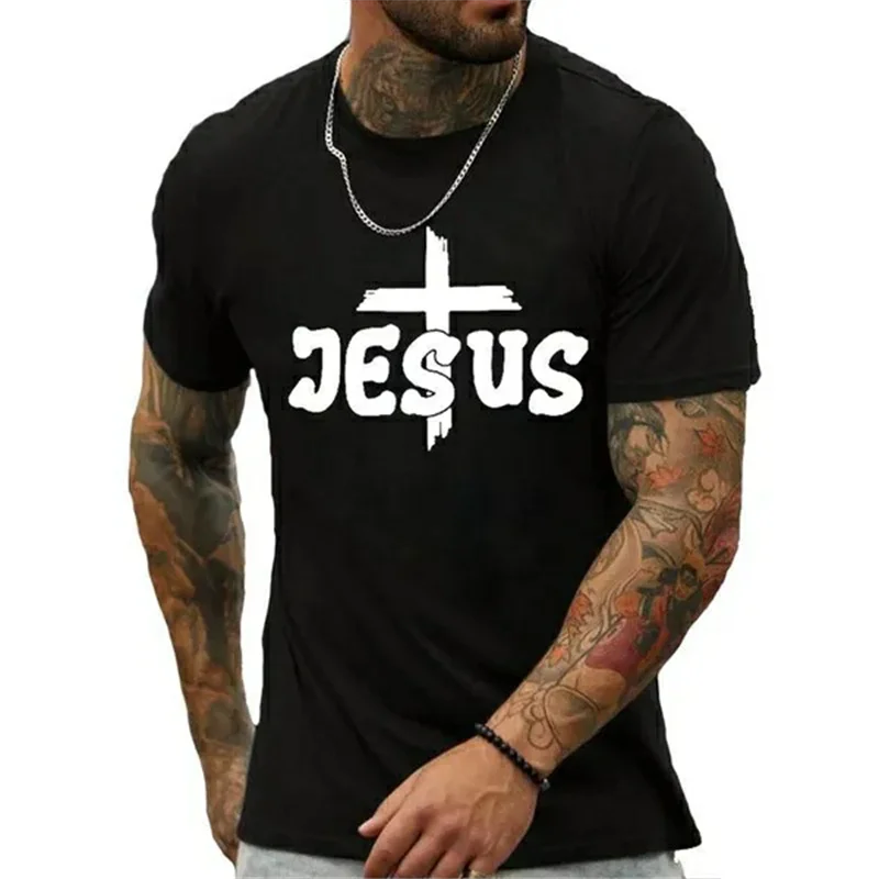 Jesus Loves Me to the Cross an Back Men\'s Short Sleeve T-shirt Funny Printing T-shirt Men\'s Cool Top Jesus Shirts